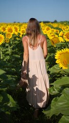Fototapeta premium Woman walks through a vibrant sunflower field in a flowing summer dress, enjoying the beauty of the sunny day.