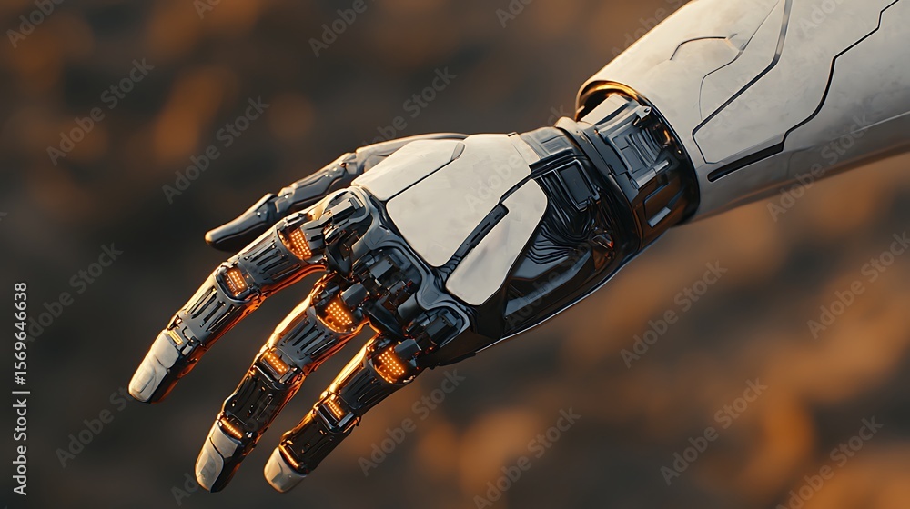 Poster a detailed close-up of a futuristic robotic hand with intricate mechanical joints and wiring, highli