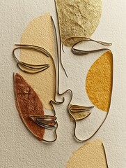 Abstract art piece with wire - framed faces and gold - toned textured shapes on a neutral background, suitable for wall decor, interior design, and graphic design projects. 