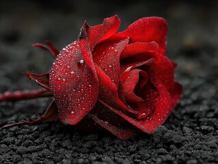 Close - up of a red rose with water droplets resting on a dark gravel surface, ideal for romantic, Valentine's Day or love - themed designs 