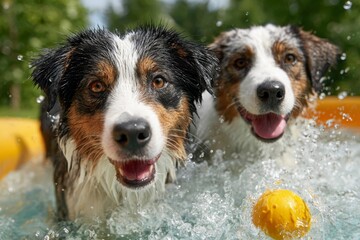 Two happy dogs splashing in a pool with a yellow ball, enjoying a sunny summer day