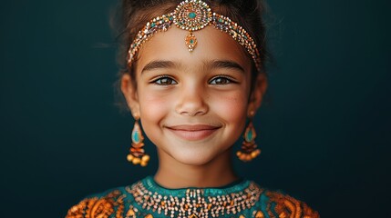 A young girl smiles warmly, dressed in colorful traditional attire with intricate jewelry and a beaded headpiece against a dark background.