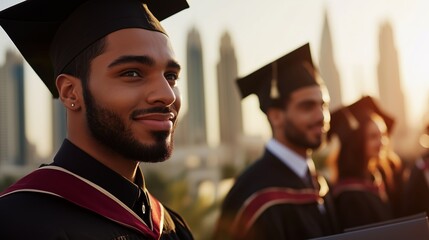 Fototapeta premium Graduation ceremony at sunset in an urban setting with smiling graduates showcasing their accomplishment