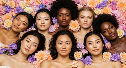 Diverse group of women surrounded by colorful flowers celebrating beauty and unity in a vibrant floral arrangement
