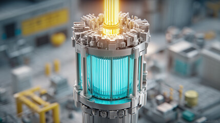 Small modular reactor design with radiant blue core and glowing yellow energy beam, futuristic nuclear power technology concept in industrial setting