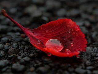 Red petal with water - droplets on dark gravel, close - up nature shot for aesthetic and design use 