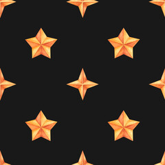  Watercolor seamless pattern with orange stars on a black background. Hand-painted celestial shapes create a warm contrast, ideal for dark-themed designs and festive wrapping paper.