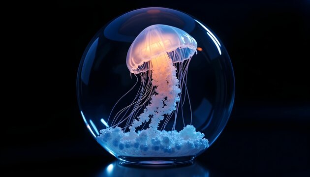 Glowing jellyfish in glass bowl aquarium marine life ocean underwater sea creature art design