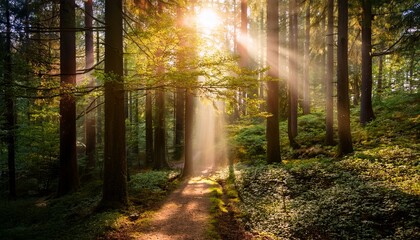 golden sun rays piercing through mystical forest trees light shines down onto a path creating an ethereal and wonderous scene perfect for fantasy