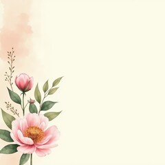 Watercolor illustration of pink peonies and green leaves on light beige background. Copy space. Wedding invitations, packaging, greeting cards, or romantic branding.