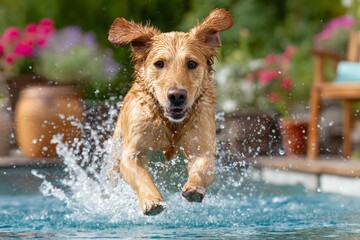 Golden retriever dog jumping into a swimming pool creating splashes of water in a vibrant garden