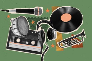 Image pop 3d zine full collage of retro music supplies vinyl disk drum instrument cassette retro...