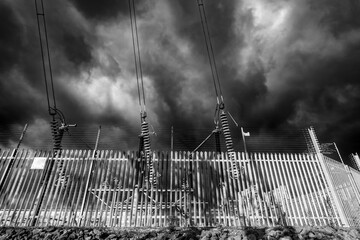 Security fence around a power station with dramatic dark clouds overhead in black and white