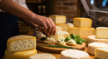 Cheese selection with a hand preparing a delicious platter in a cozy market setting