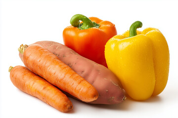 Group of carotenoid vegetable isolated on white background, Carotenoid pigment vegetable with carrot, bell pepper, sweet potato and pumpkin.