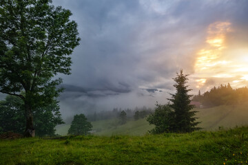 Beautiful summer sunset scene in the mountains with spectacular sky and fog. Mystical landscape. Location place Carpathian mountains, Ukraine, Europe.