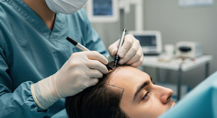 Hair restoration procedure in a clinical setting with patient and medical staff present