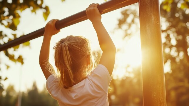 Child enjoys outdoor play on monkey bars during golden hour in a park setting