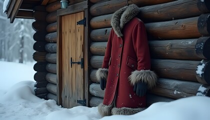 Red Coat by a Log Cabin in Winter