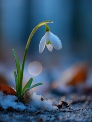 Close - up of a single snowdrop flower with water droplets, emerging from snow. Soft bokeh background, ideal for spring - themed designs, greeting cards, or nature - related projects. 