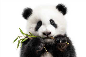 Naklejka premium Portrait of panda eating bamboo shoot isolated on white background.