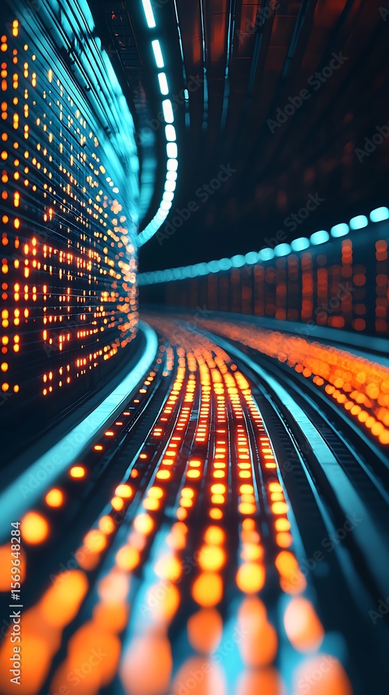 Poster a futuristic tunnel illuminated with vibrant blue and orange lights, creating a dynamic, glowing pat
