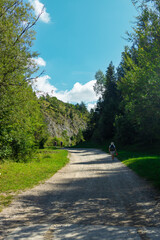 Vertical photo of a person riding a bicycle on a gravel trail through a green mountain valley under a blue sky. Surrounded by trees, cliffs, and grass ideal for concepts of outdoor activity, nature