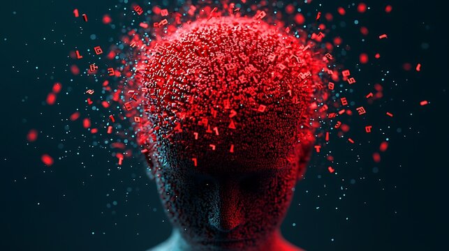 A digital human head dissolves into scattered red particles and numbers, symbolizing data, technology, and artificial intelligence.