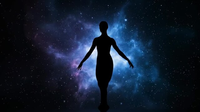 A silhouetted dancer poses against a starry nebular background with hues of blue and purple