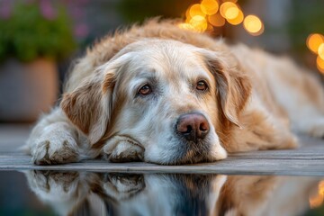 Golden retriever dog resting on wooden surface with soft bokeh lights in the background
