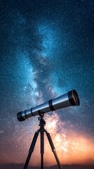 A telescope on a tripod observes the vibrant Milky Way galaxy under a star-filled night sky.