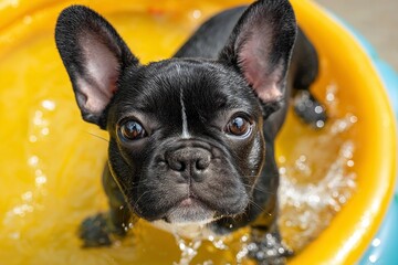 Playful black French Bulldog enjoying a splash in a colorful water-filled tub