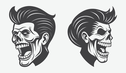 Male Skull Silhouette with Slicked Back or Pompadour Hairstyle Stylish Retro Head Illustration