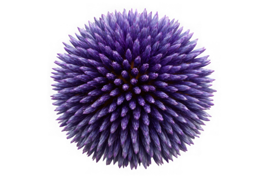 Close up of a vibrant purple spiky flower head isolated on transparent background