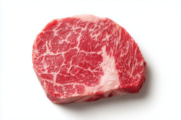 Fototapeta premium High marbling score beef isolated on white background, Selective focus wagyu tenderloin with fatty marbling on white background, Korean hanwoo beef.