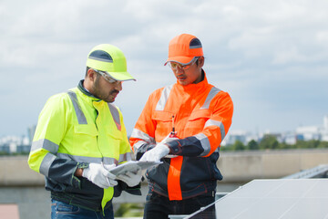 Electrical engineers are inspecting and installing a solar panels on the building rooftop.