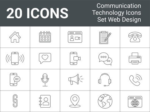 Communication Icons In Line Style. Line Art Technology Icons. communication methods, including phones,
messaging, web pages, home, calendar