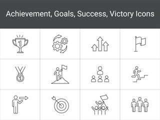 Achievement Line Icons. Line Icons Representing Success, Growth, and Teamwork. success, teamwork,
goal achievement, progress, leadership Editable Stroke.