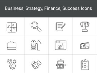 Simple Business Line Icons Set for Success and Growth. Business Success Outline Icons. Strategy,
Finance, Growth, and Achievement. A set of line icons business concepts like planning, finance, growth