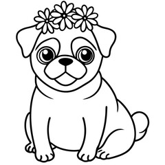 pug sitting with a flower crown