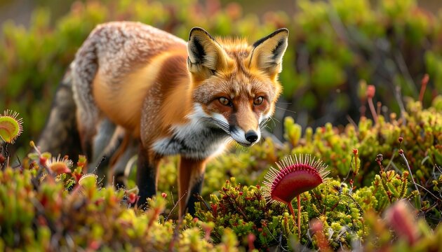 Red Fox Standing Alertly Among Carnivorous Plants and Green Foliage in Wilderness Habitat