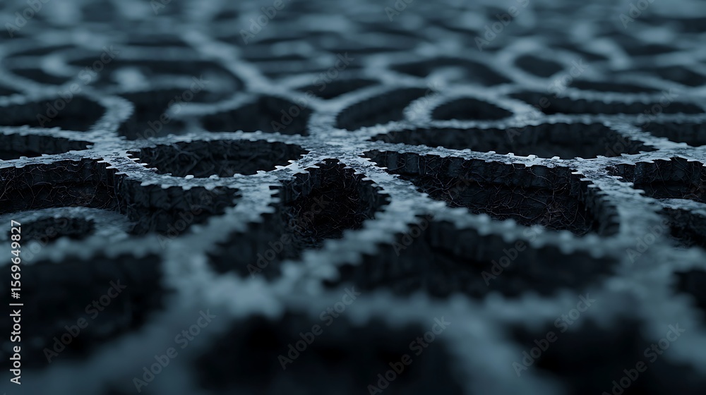 Aufkleber close-up of a textured surface featuring a pattern of hexagonal holes in a dark material, with intri