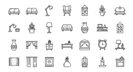 Black outline art showcases complete home furnishing items in organized arrangement on white
