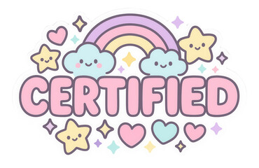 Fototapeta premium Pastel cartoon bubble sticker with CERTIFIED text, featuring cute clouds and stars for a whimsical promotion on transparent background.