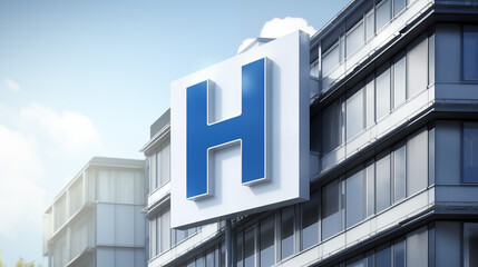 Hospital sign with bold H in blue square isolated on a clean white background