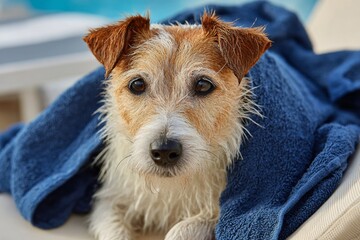 Small dog wrapped in a blue towel, looking curiously at the camera with wet fur