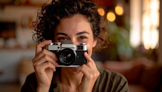 Smiling woman holding vintage camera celebrating World Photography Day at home - Powered by Adobe