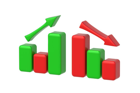 Colorful increasing and decreasing bar graph with arrow isolated on white background. 3d render