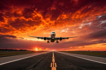Fototapeta premium Airplane landing on an airport runway at sunset. A dramatic, fiery orange sky creates a spectacular background for travel and aviation.genrative ai 