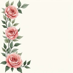 Pink roses with green leaves on beige background. Copy space. Invitations, packaging, greeting cards, or branding.